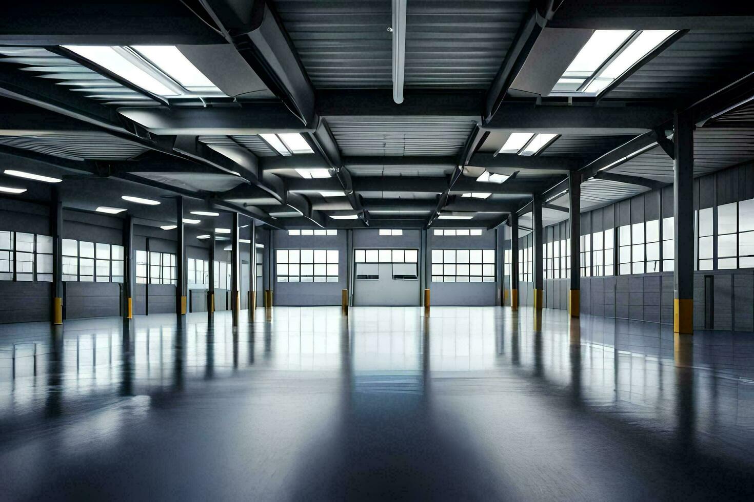 an empty warehouse with lots of windows. AI-Generated photo