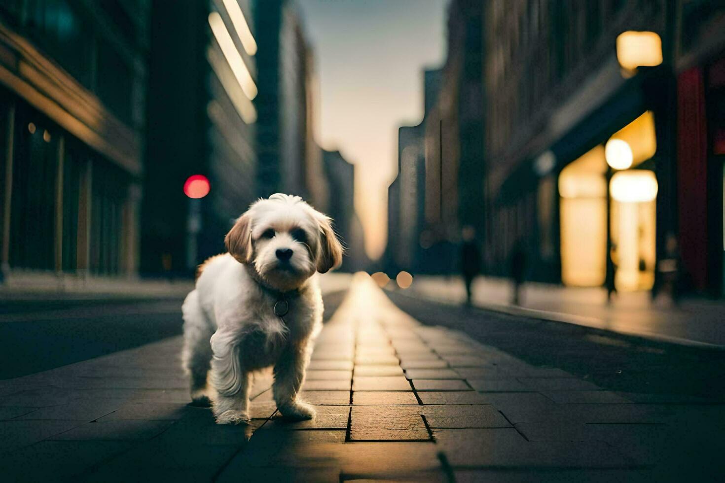 a small white dog standing on a city street. AI-Generated photo