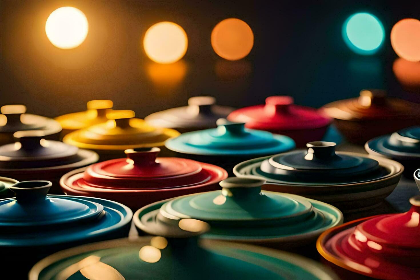 colorful pots and pans on a table. AI-Generated photo