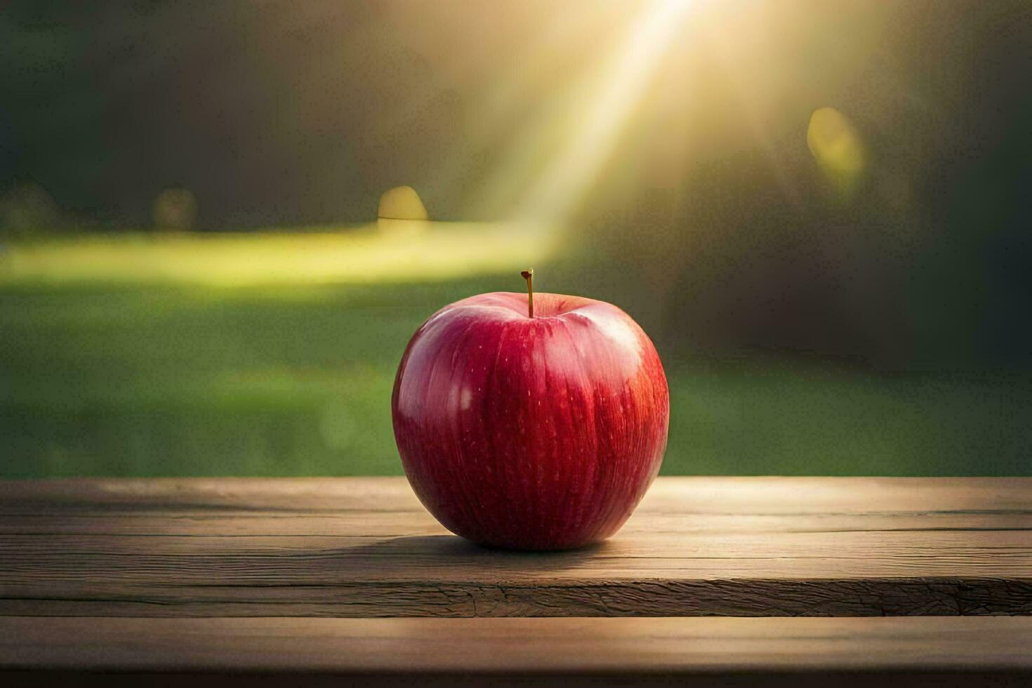 an apple sits on a wooden table in front of a field. AI-Generated photo