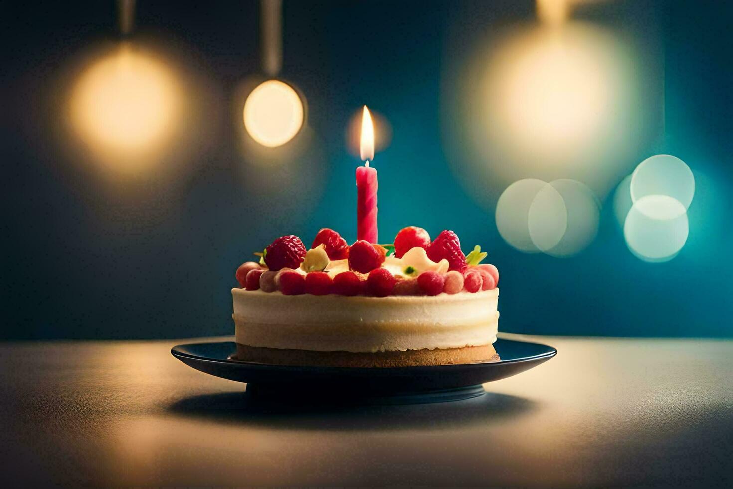 a birthday cake with one lit candle. AI-Generated photo