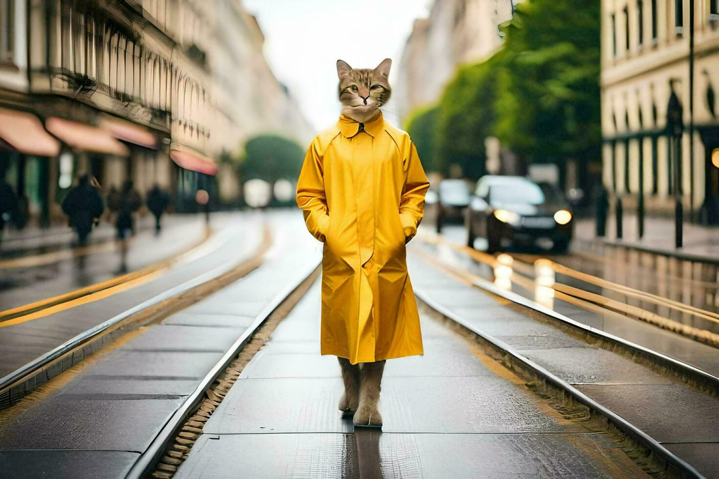 a cat in a yellow raincoat walking down a city street. AI-Generated photo