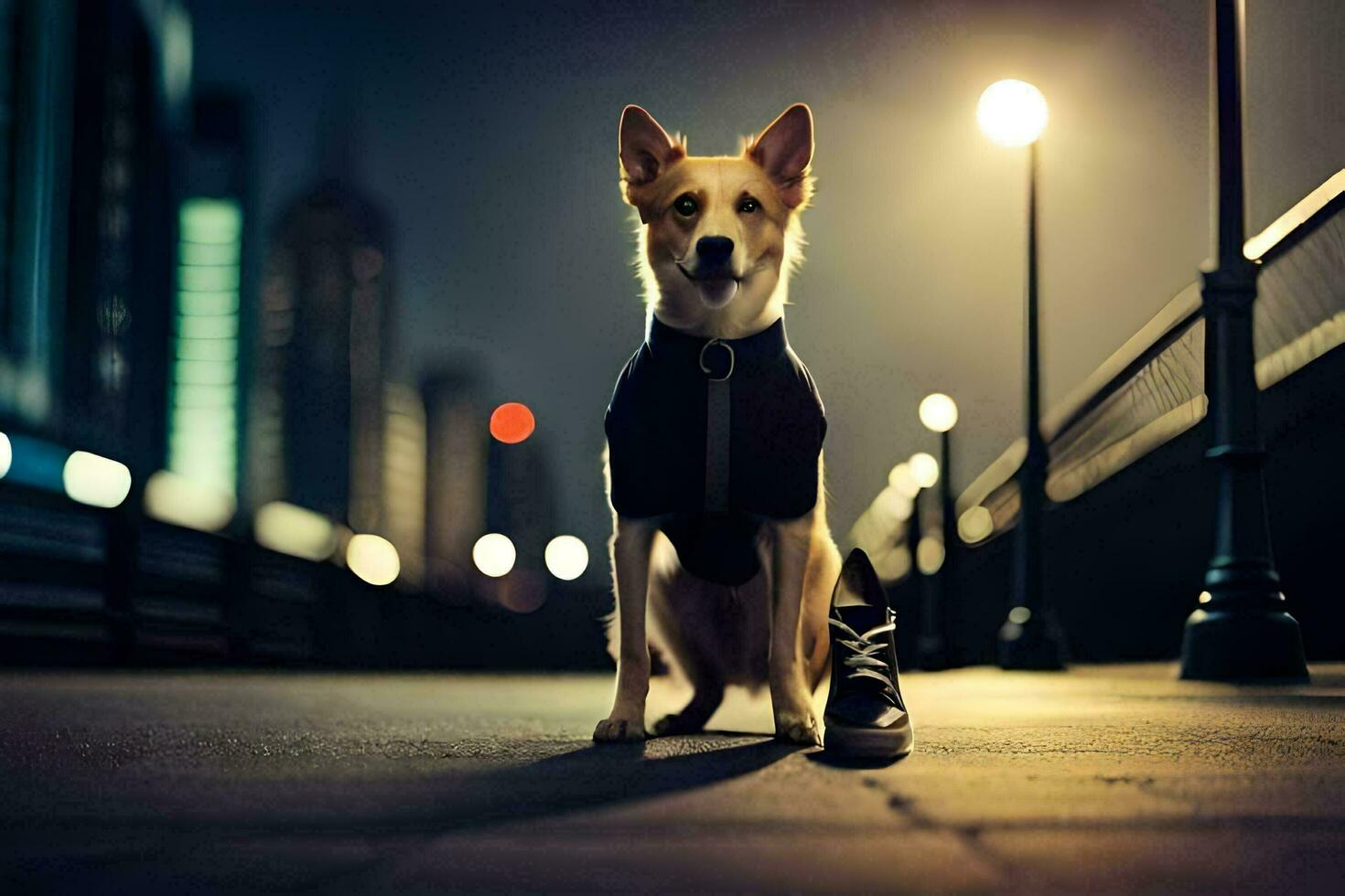 a dog wearing a jacket standing on a street at night. AI-Generated photo