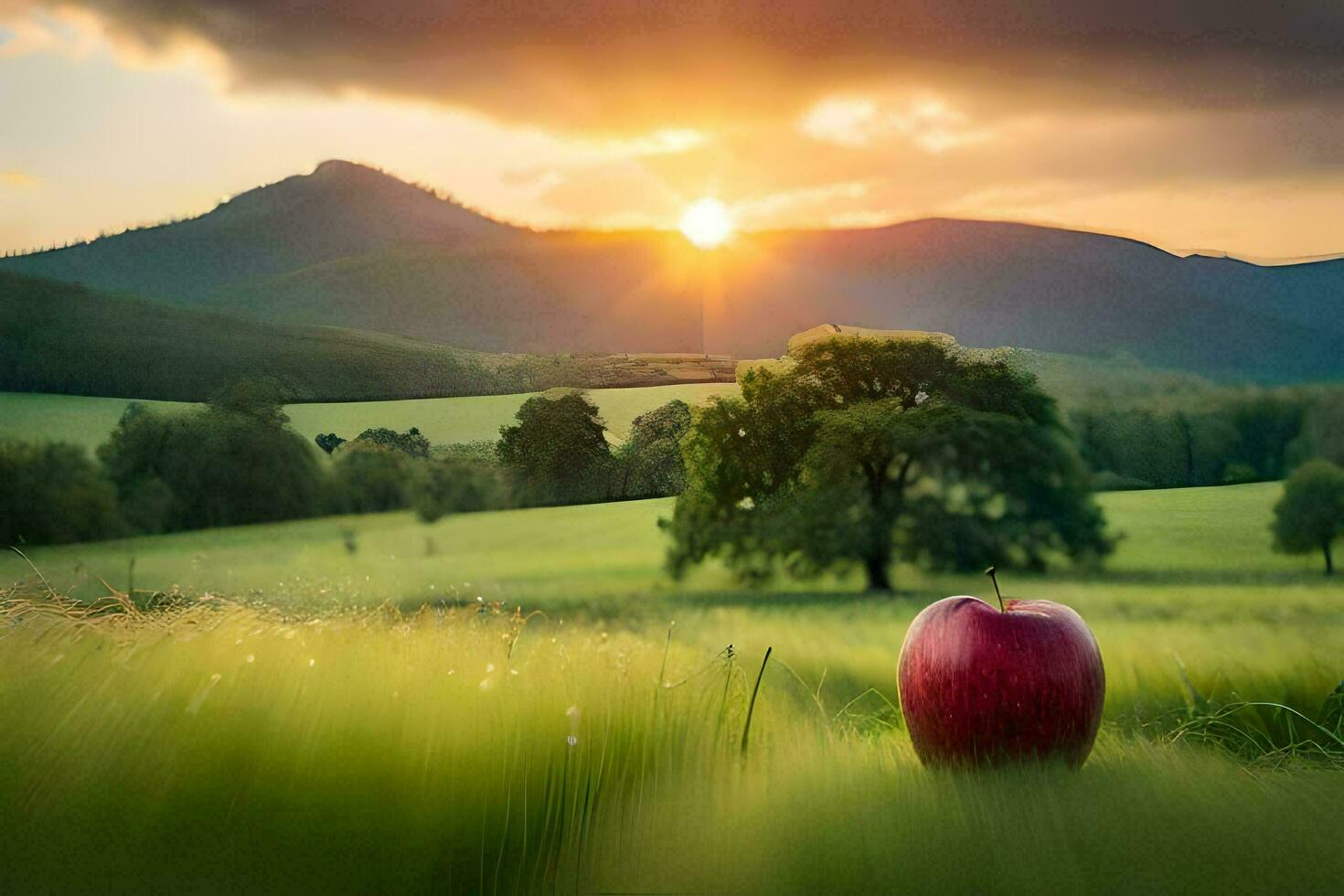 an apple is sitting in the middle of a field. AI-Generated photo