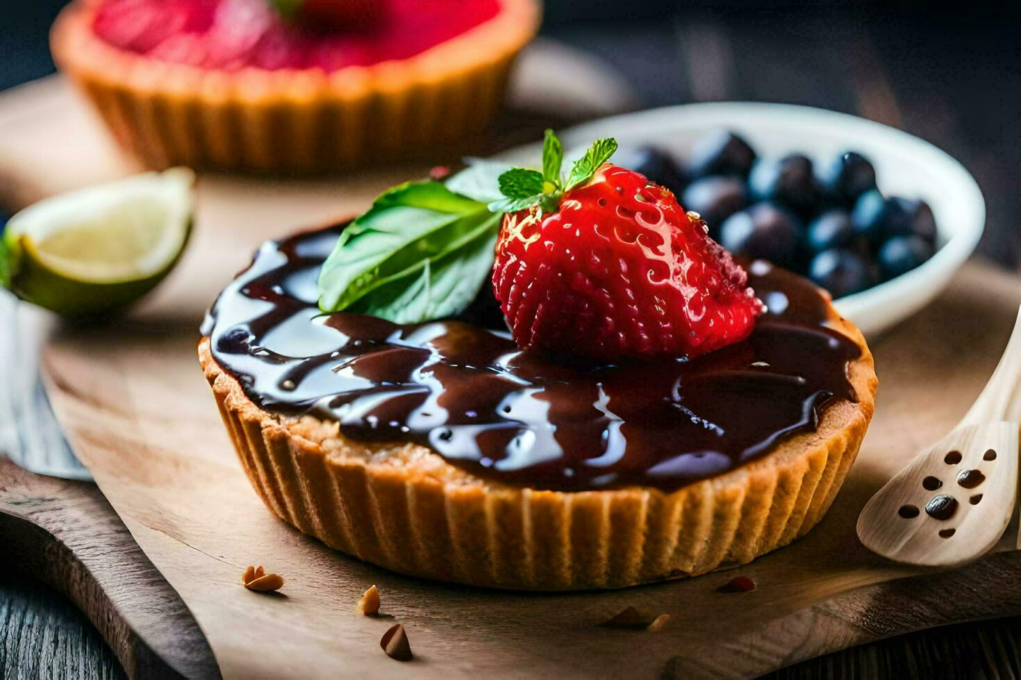 two small chocolate tarts with strawberries and chocolate. AI-Generated photo