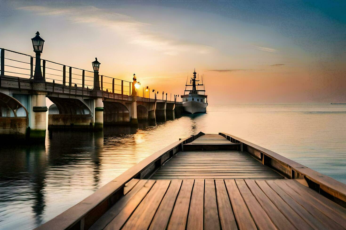 a wooden dock with a boat at sunset. AI-Generated photo