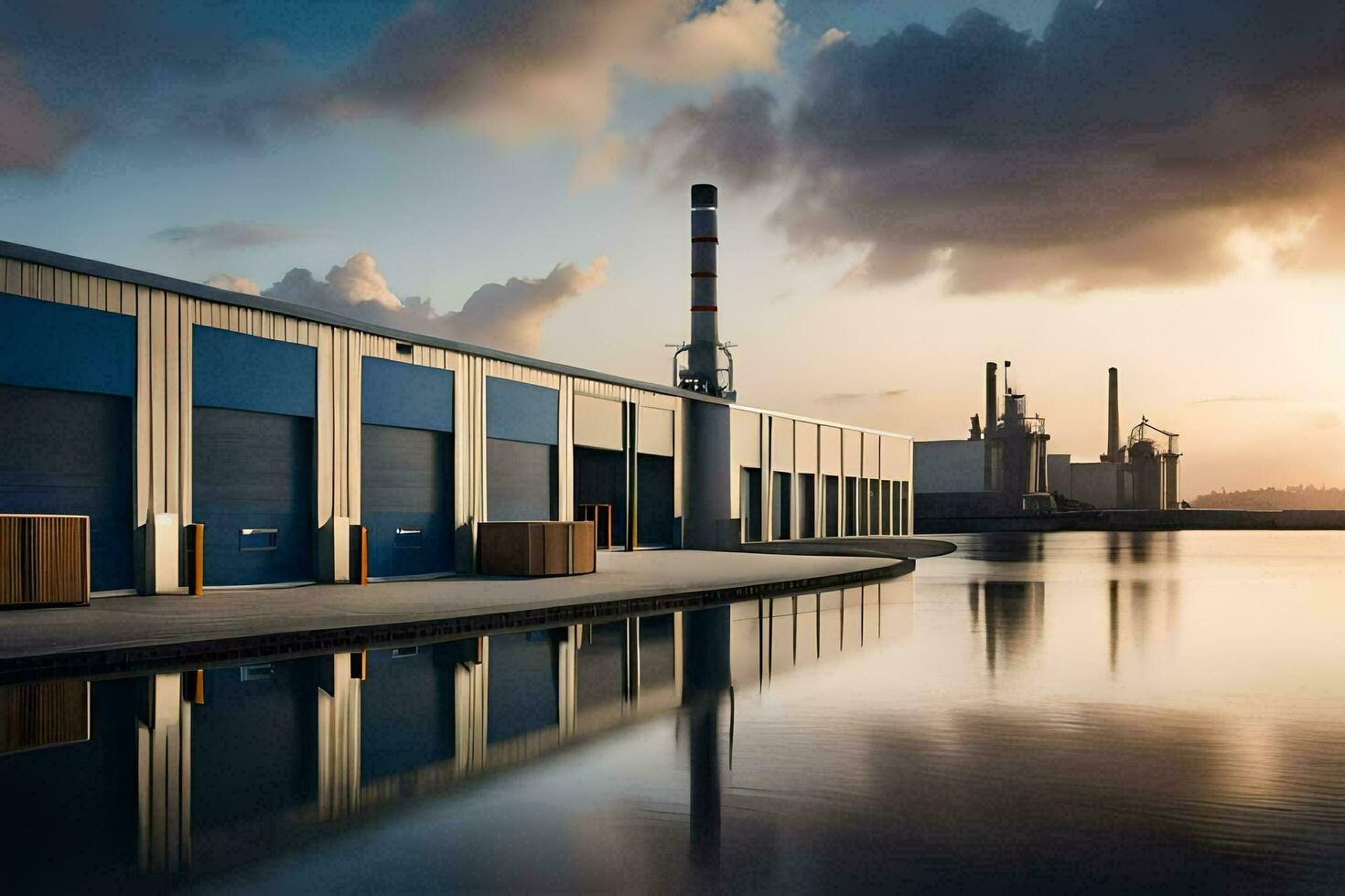 a factory with a large water body and a large building. AI-Generated photo