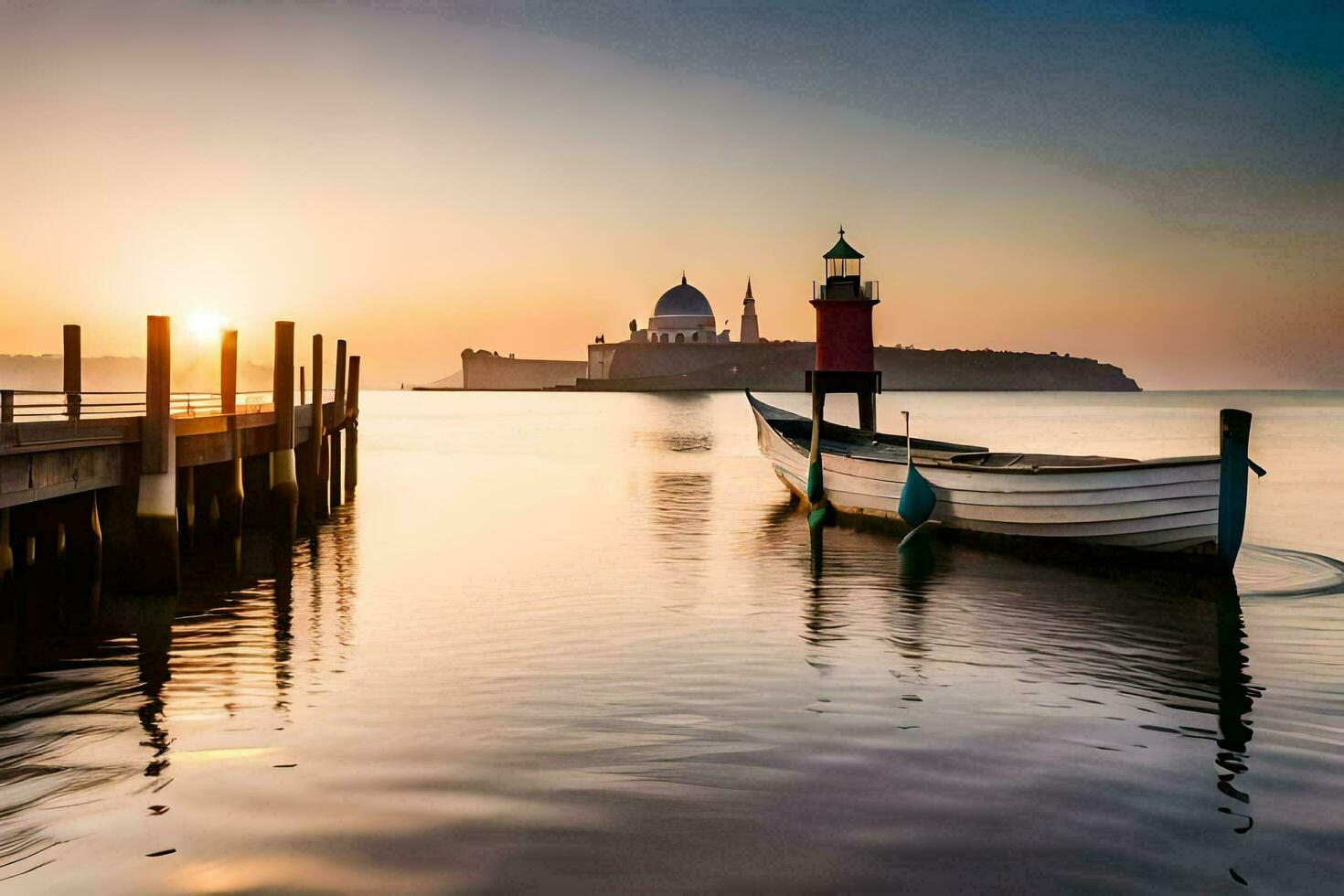 a boat is docked at the pier at sunset. AI-Generated photo