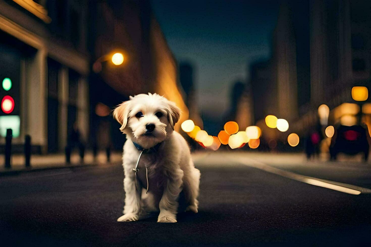 un perro es en pie en el medio de un ciudad calle a noche. generado por ai foto