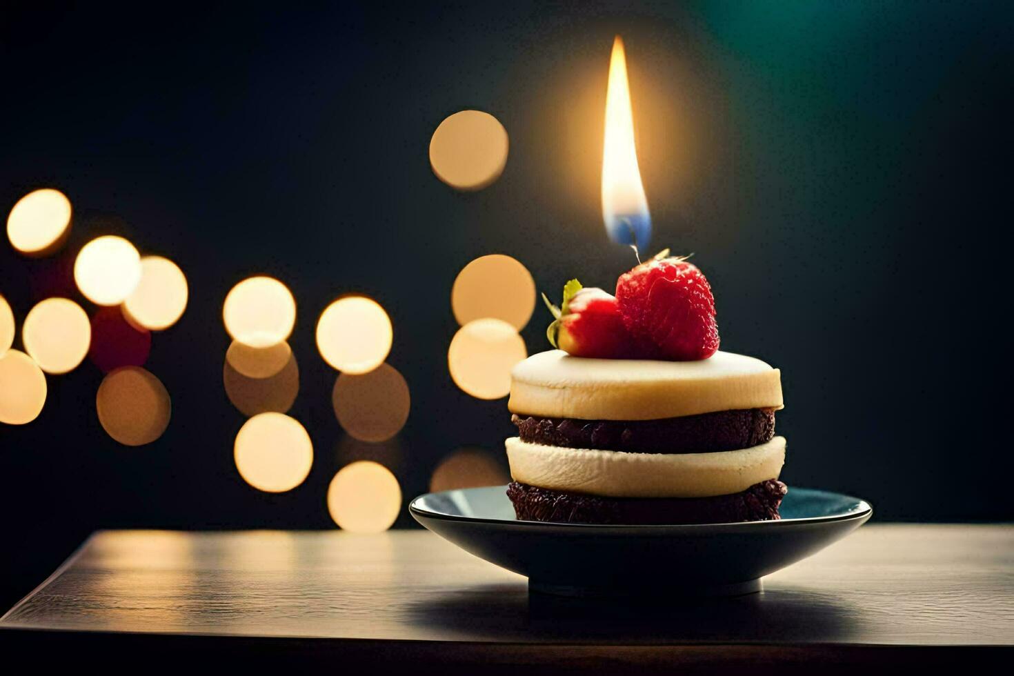 a small cake with a strawberry on top. AI-Generated photo