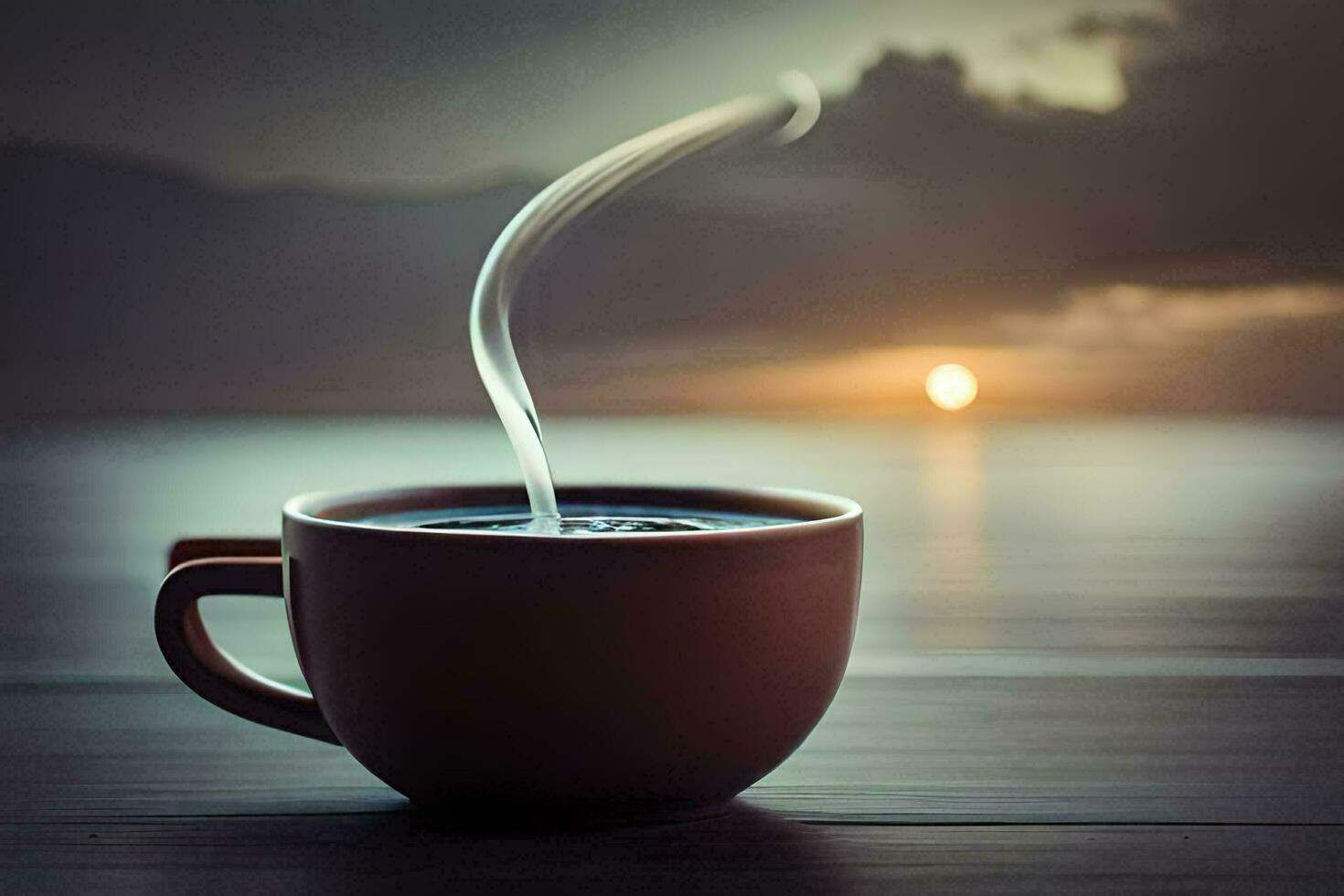 a cup of coffee on a table with a sunset in the background. AI-Generated photo