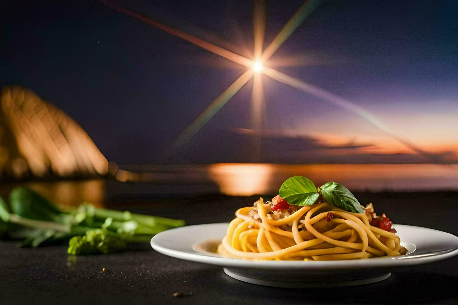 a plate of spaghetti with a sunset in the background. AI-Generated photo