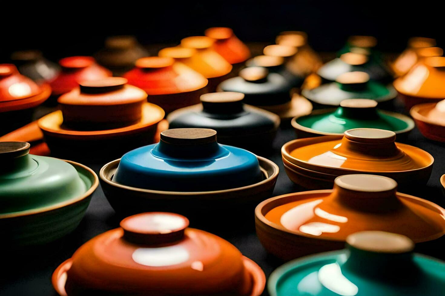 colorful pots and bowls are arranged in a row. AI-Generated photo
