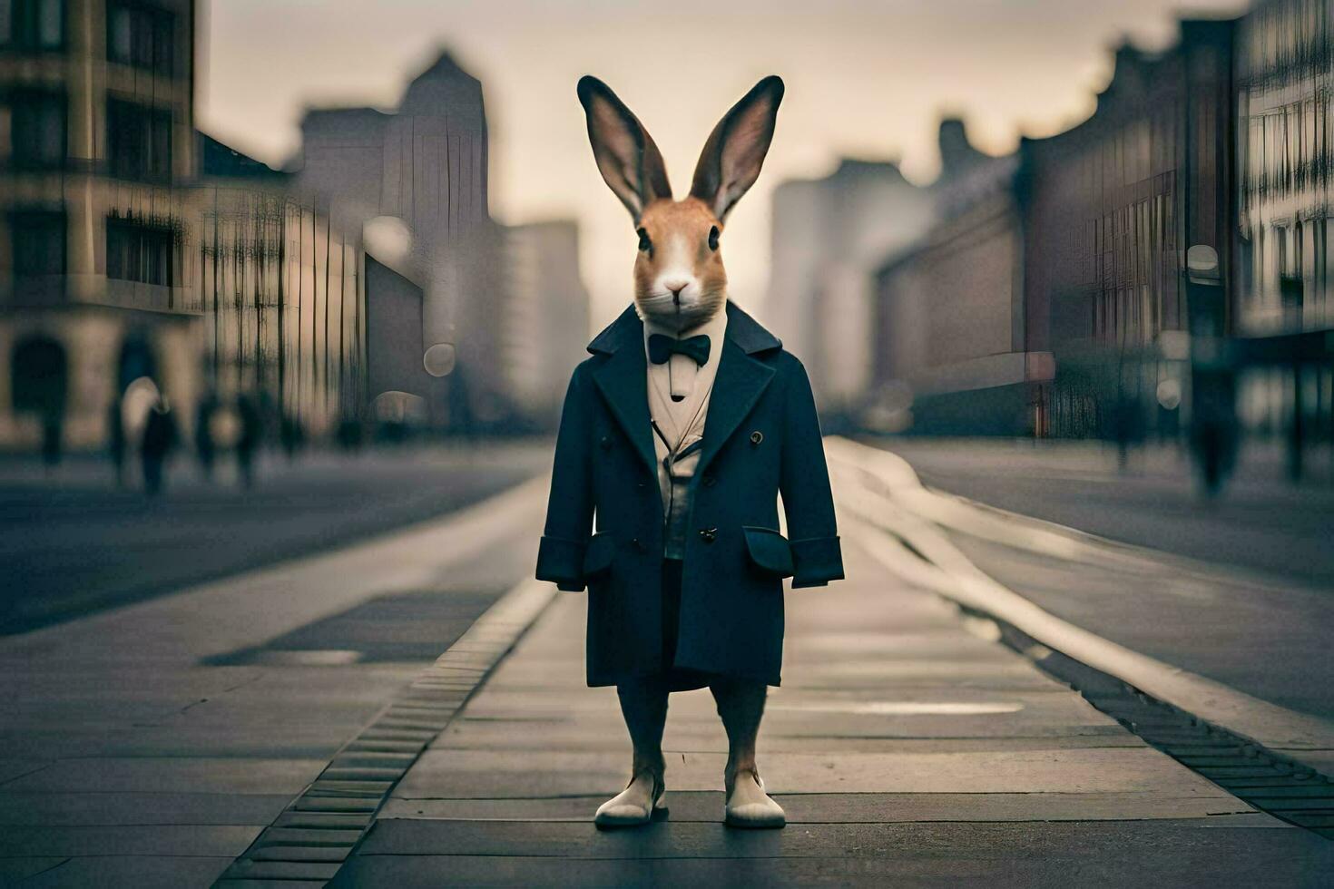 a rabbit dressed in a suit and tie standing on a street. AI-Generated photo