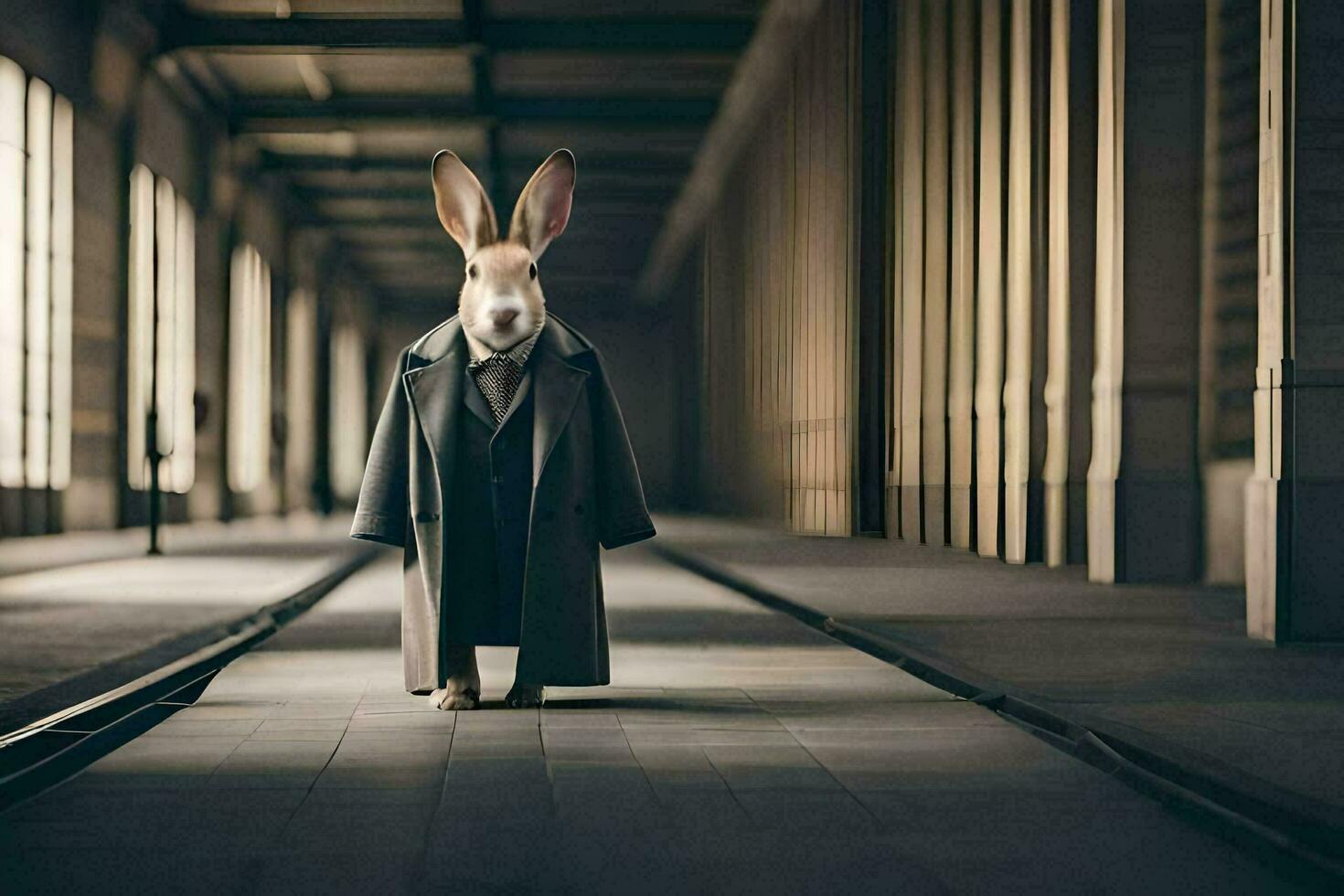 a rabbit dressed in a suit and tie standing in an empty hallway. AI-Generated photo
