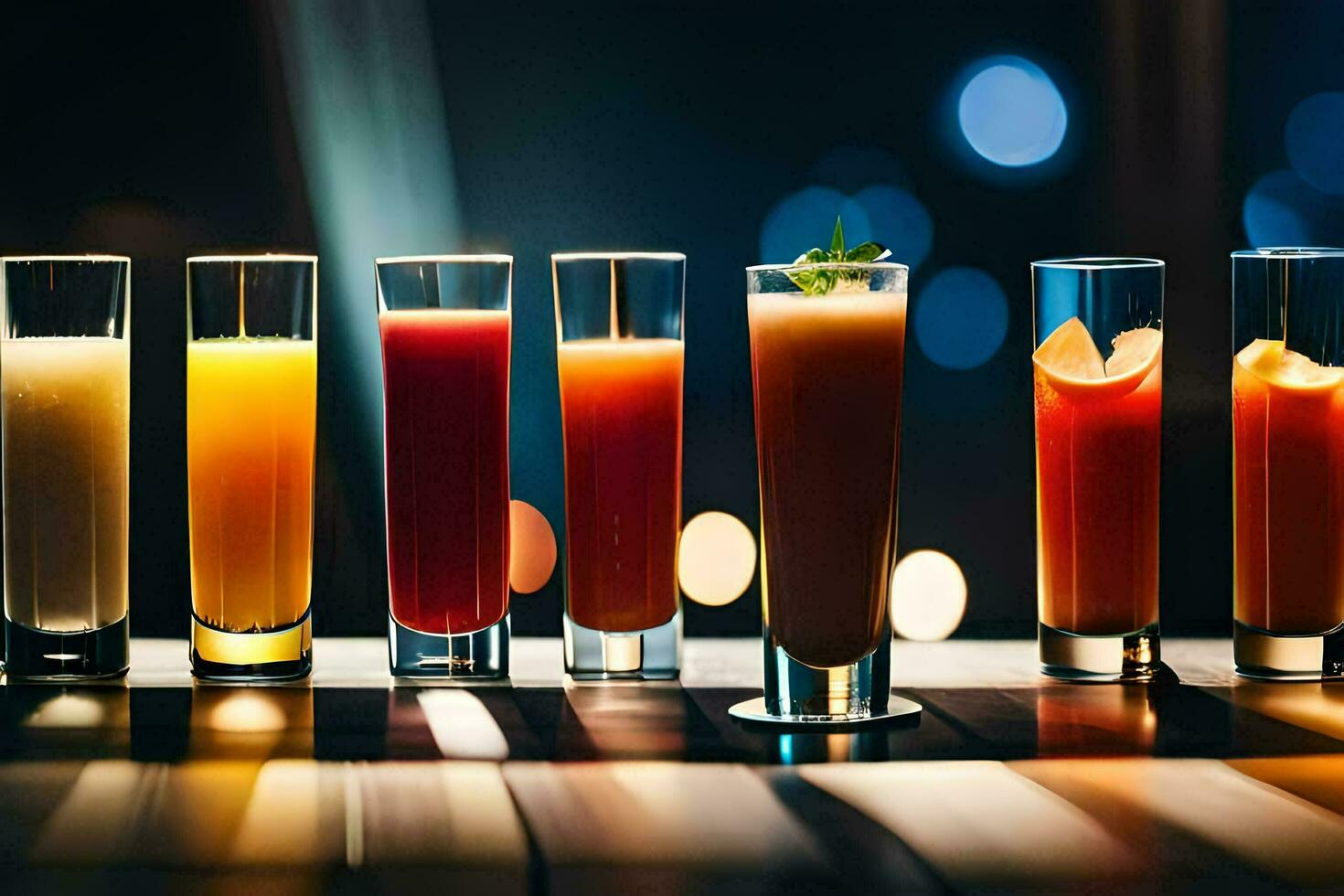 un fila de lentes con diferente bebidas generado por ai foto