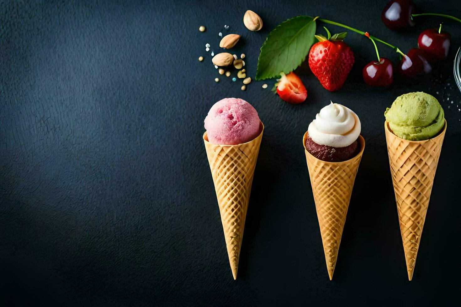 three ice cream cones with different flavors. AI-Generated photo