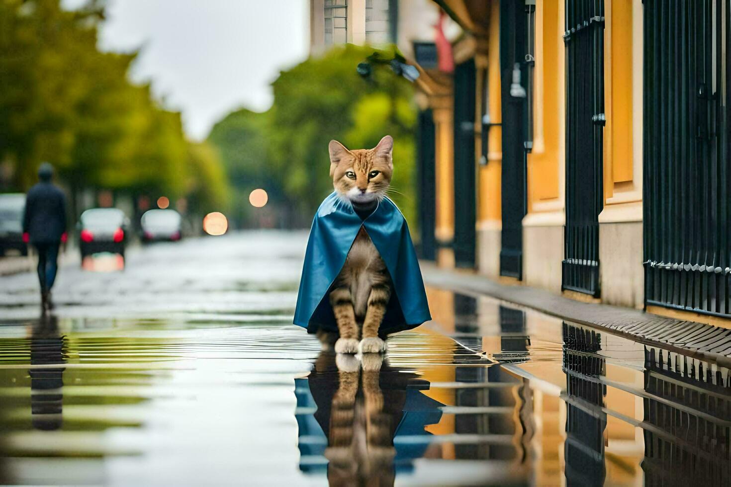a cat in a blue cape standing on a wet street. AI-Generated photo