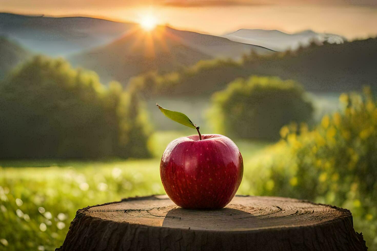 a red apple on a stump in the middle of a field. AI-Generated photo