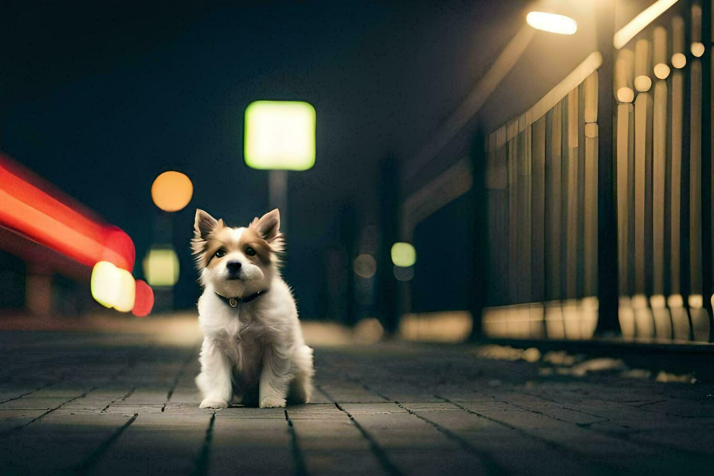 a small dog sitting on the sidewalk at night. AI-Generated photo
