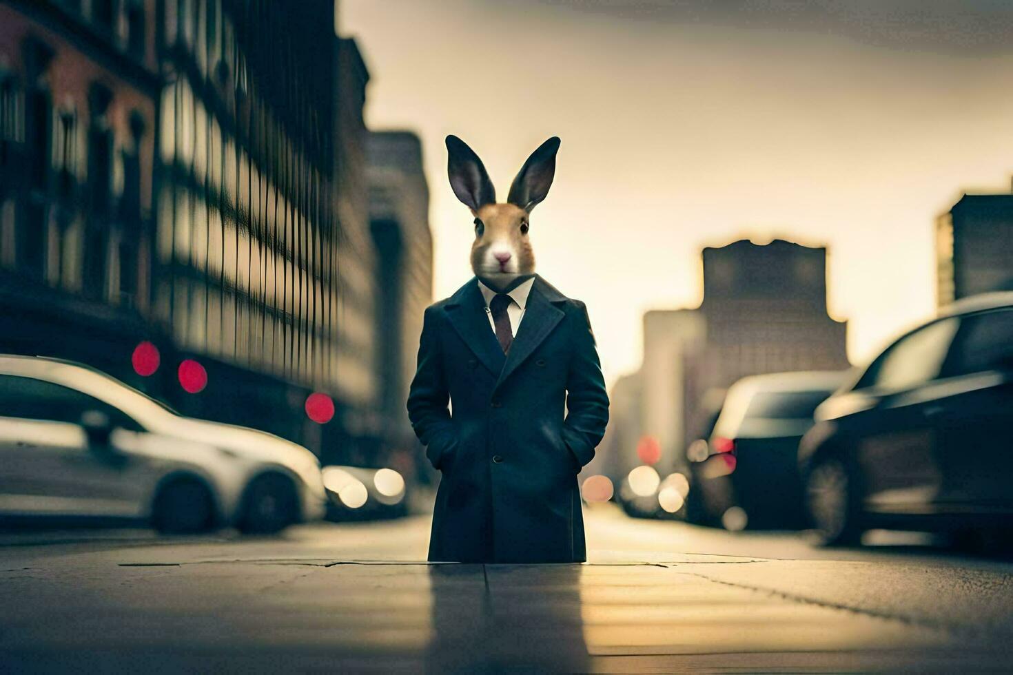 a rabbit wearing a suit and tie on the street. AI-Generated photo