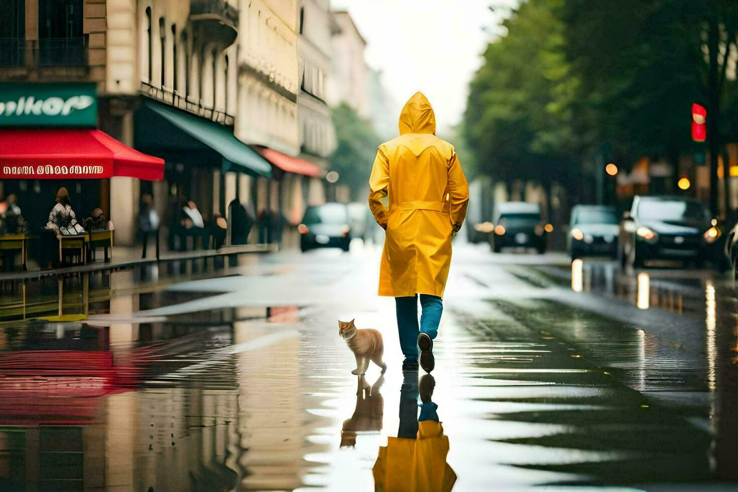 a person walking in the rain with a dog. AI-Generated photo