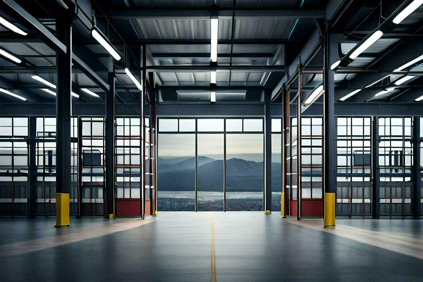 an empty warehouse with large windows and a mountain view. AI-Generated photo
