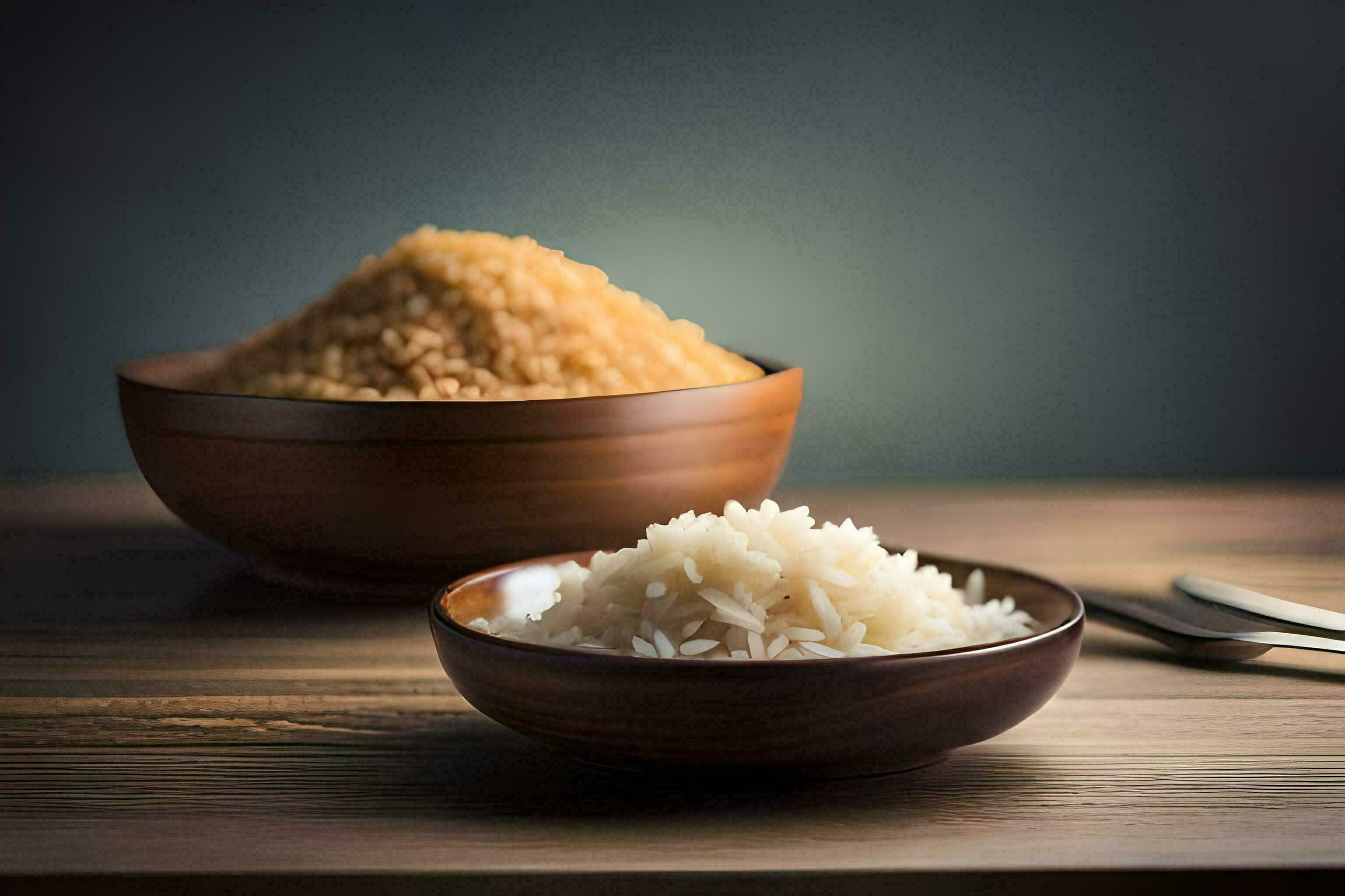 a bowl of brown rice and a bowl of white rice. AIGenerated 30103830