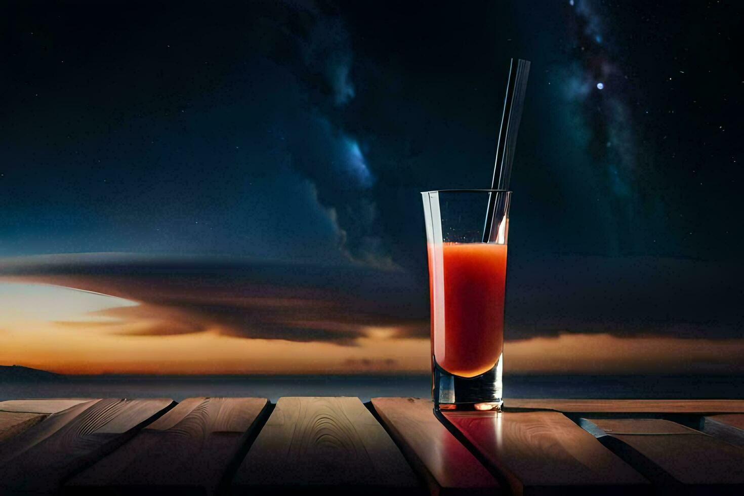 a glass of red liquid sitting on a wooden table with a night sky in the background. AI-Generated photo
