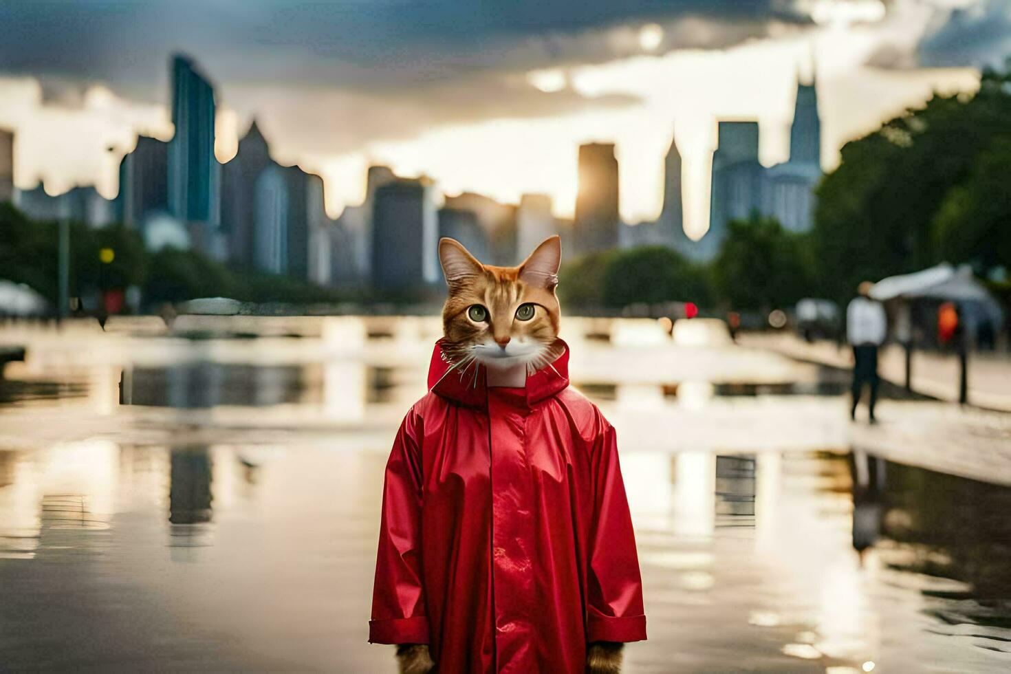 a cat in a raincoat standing in front of a city. AI-Generated photo