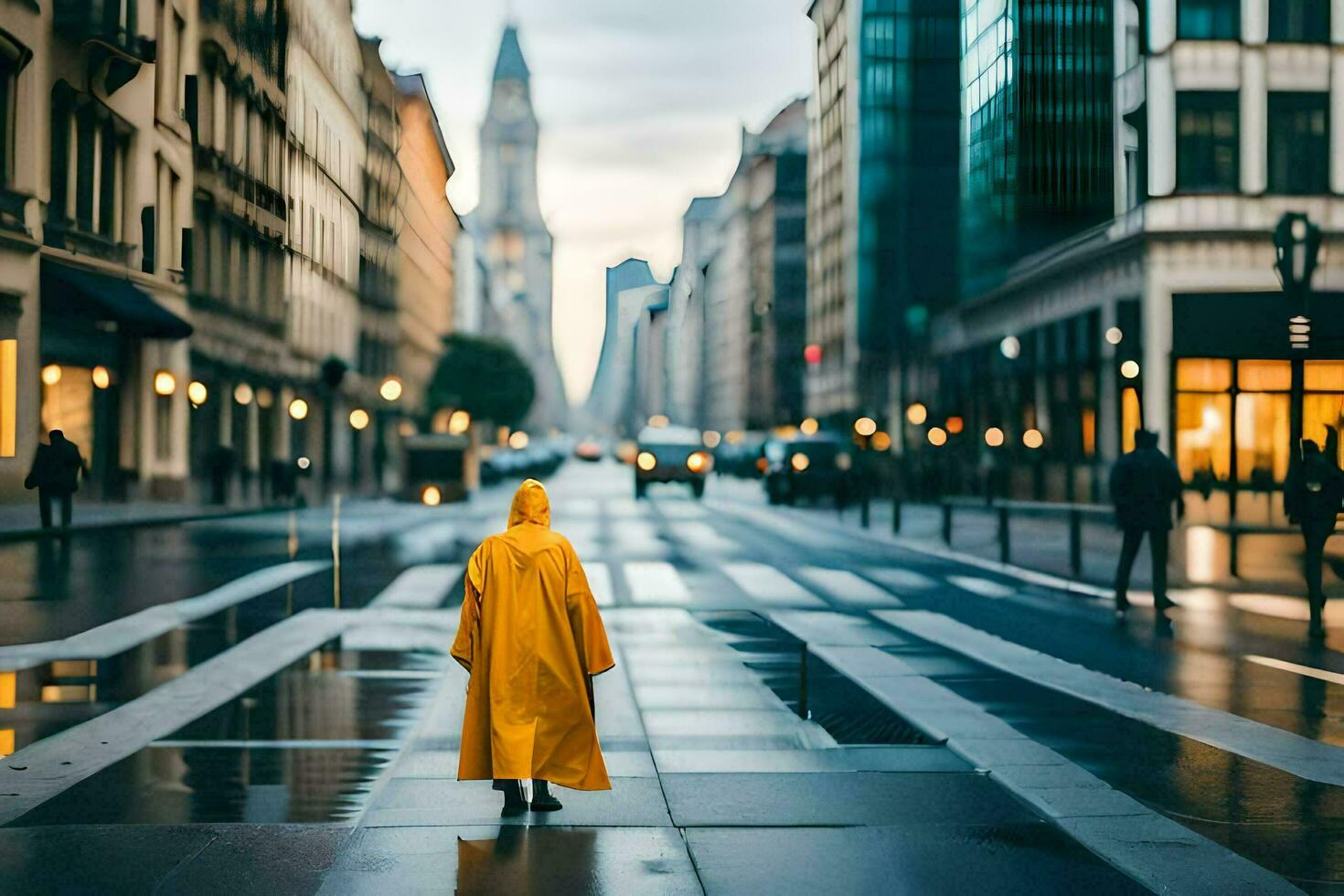 a person in a yellow raincoat walking down a city street. AI-Generated photo