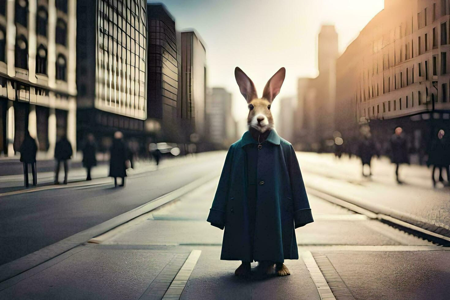 a rabbit in a coat standing on a city street. AI-Generated photo