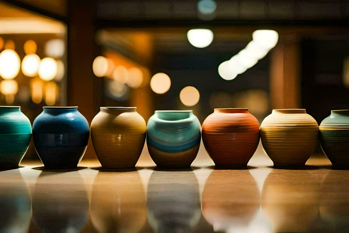 a row of colorful vases lined up on a table. AI-Generated photo