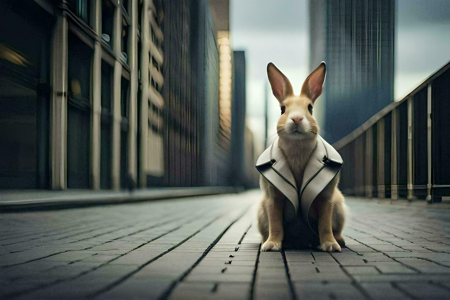 a rabbit wearing a jacket sitting on a street. AI-Generated photo