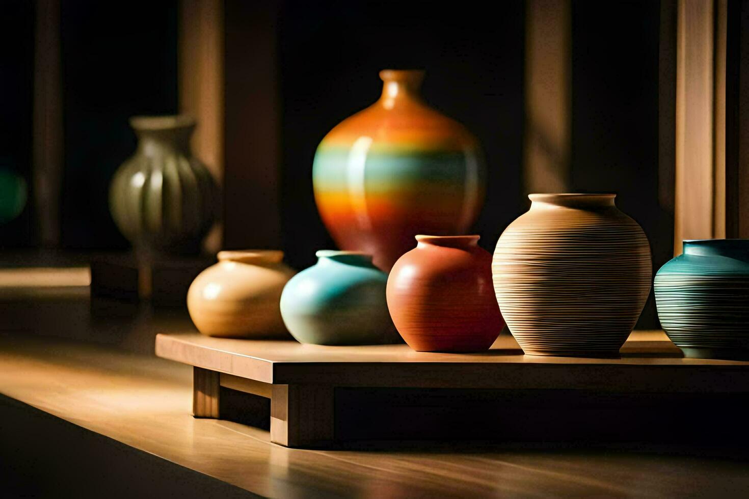 a row of colorful vases sit on a wooden shelf. AI-Generated photo