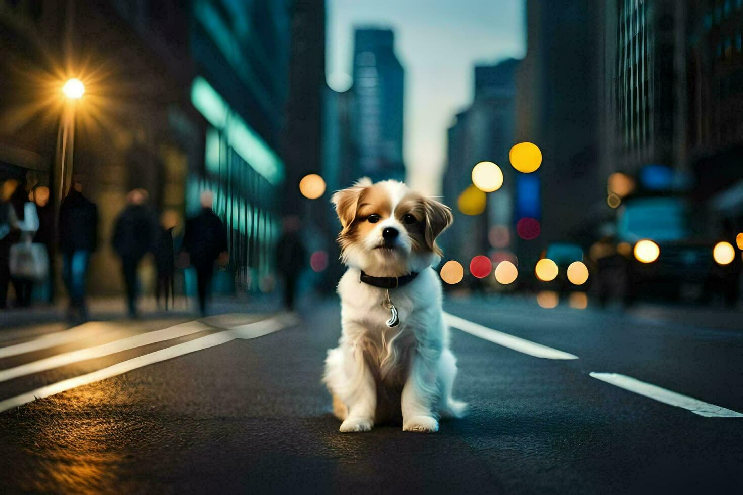 a dog sitting on the street in the middle of a city. AI-Generated photo