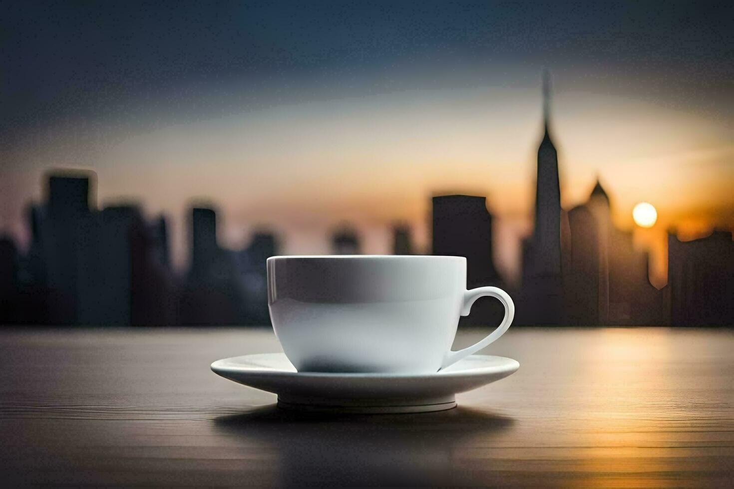 coffee cup on a table with cityscape in the background. AI-Generated photo