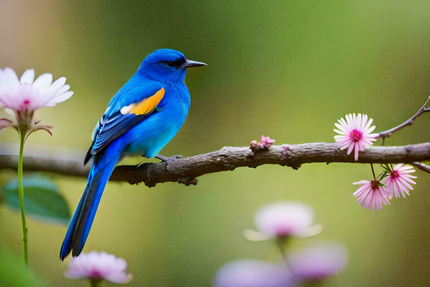 a blue bird sits on a branch with pink flowers. AI-Generated photo