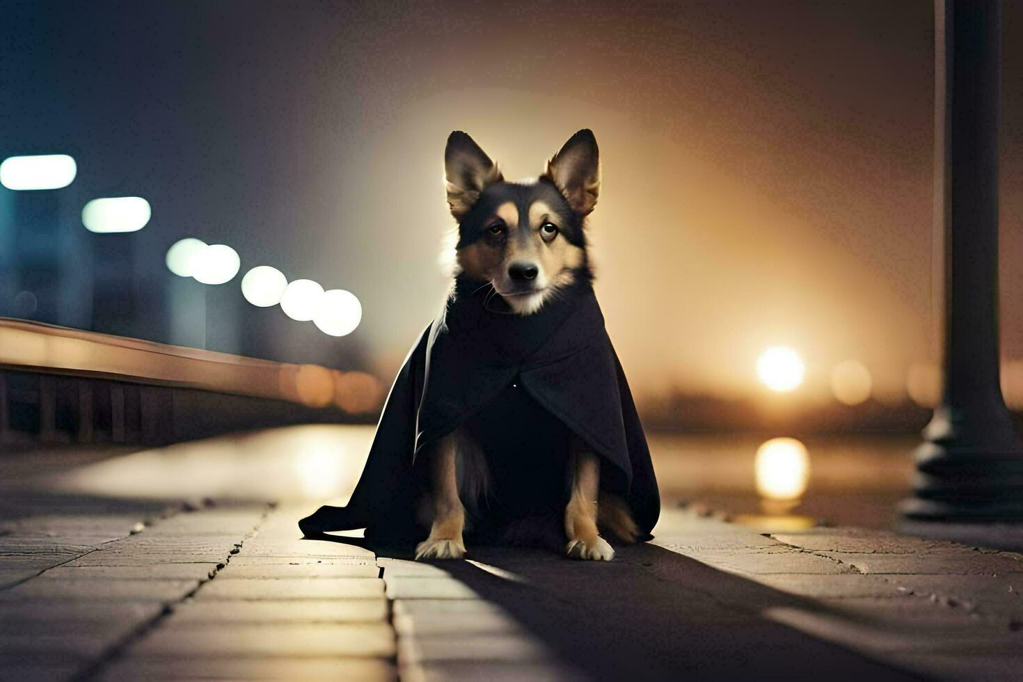 un perro vistiendo un capa en un acera a noche. generado por ai foto