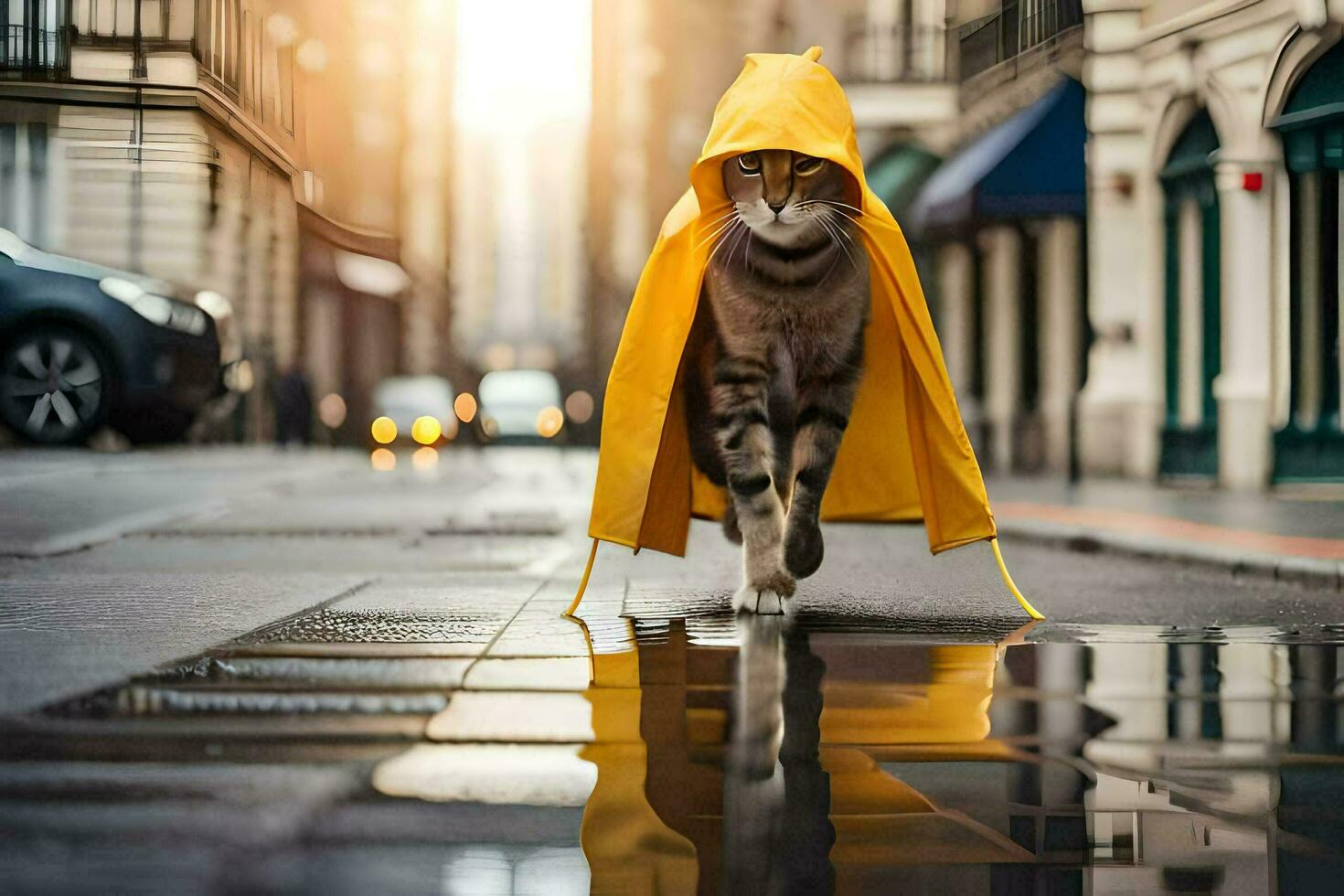 a cat walking in the rain with a yellow raincoat. AI-Generated photo