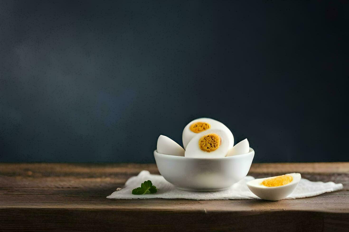 boiled eggs in a bowl on a wooden table. AI-Generated photo