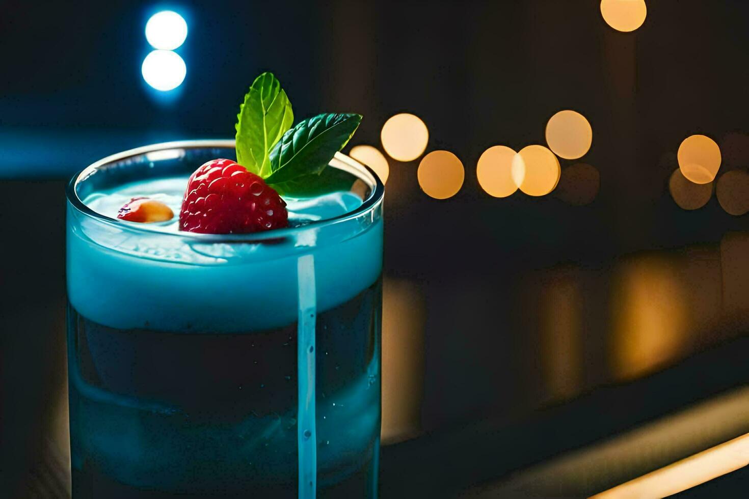 a blue drink with a raspberry on top. AI-Generated photo