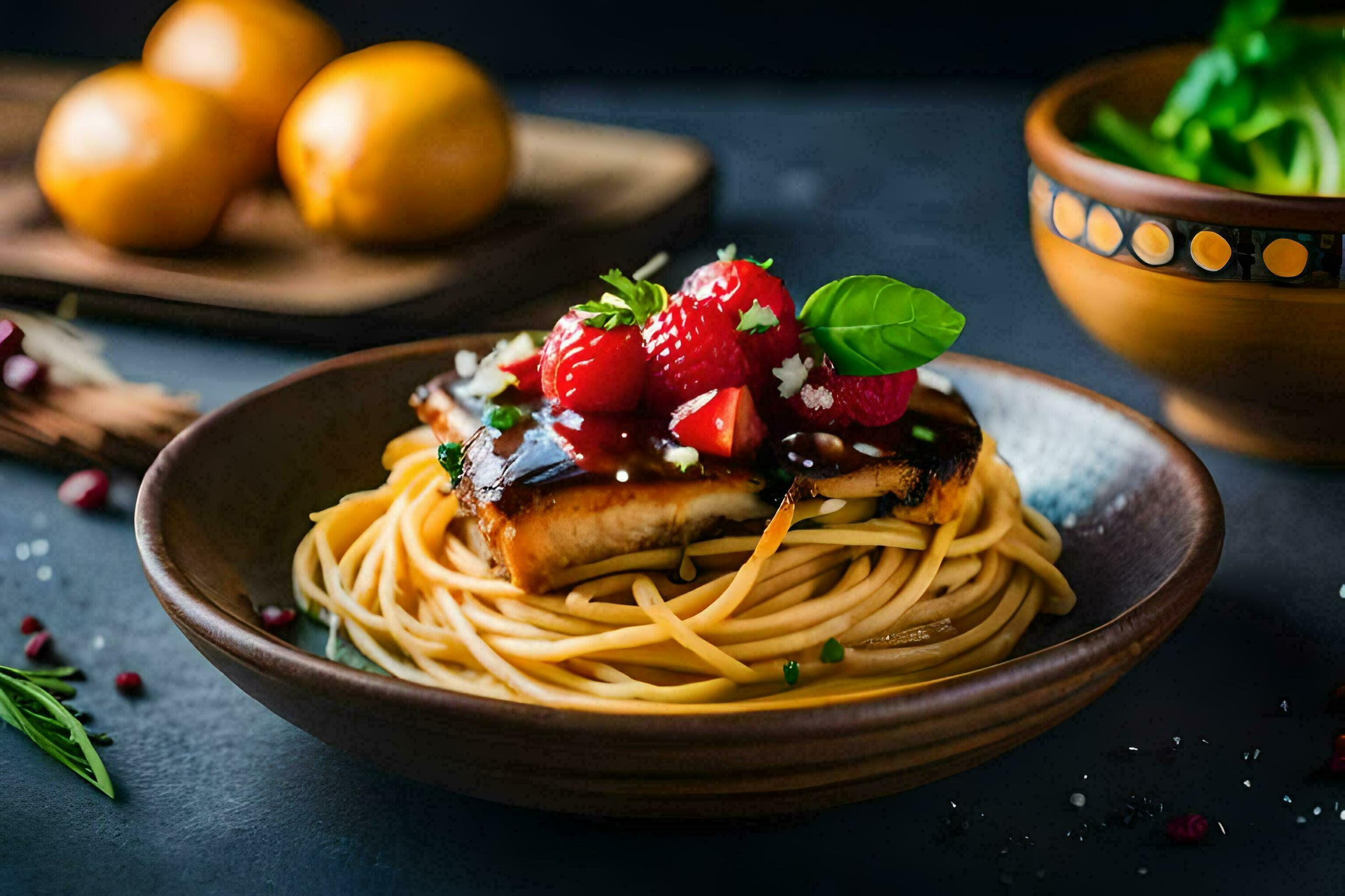 spaghetti with balsamic sauce and berries on a dark table. AIGenerated