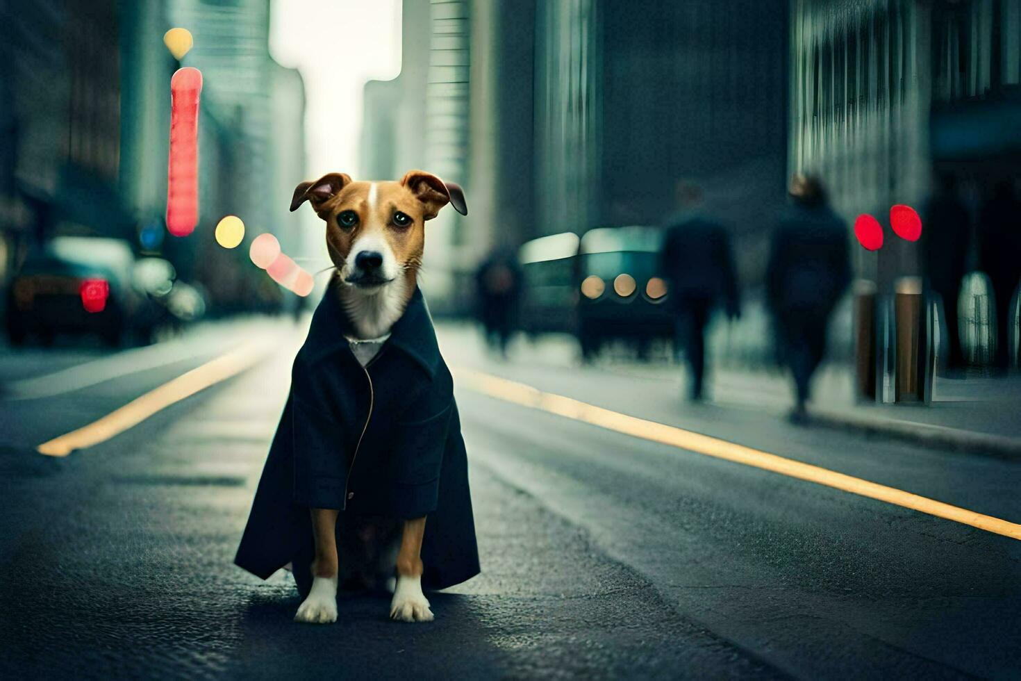 a dog in a coat sitting on the street. AI-Generated photo