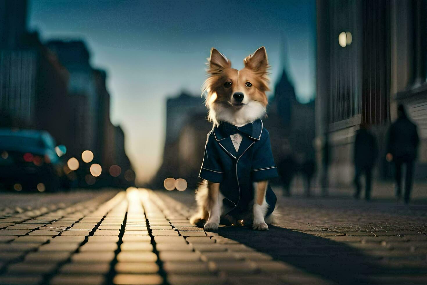 a dog in a suit sitting on the street. AI-Generated photo