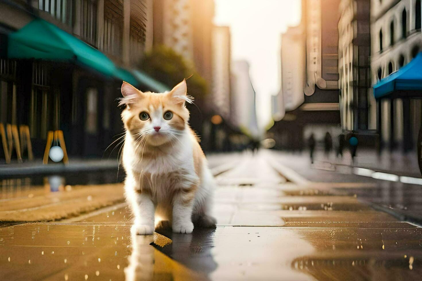 a cat is standing on a wet street in the city. AI-Generated photo