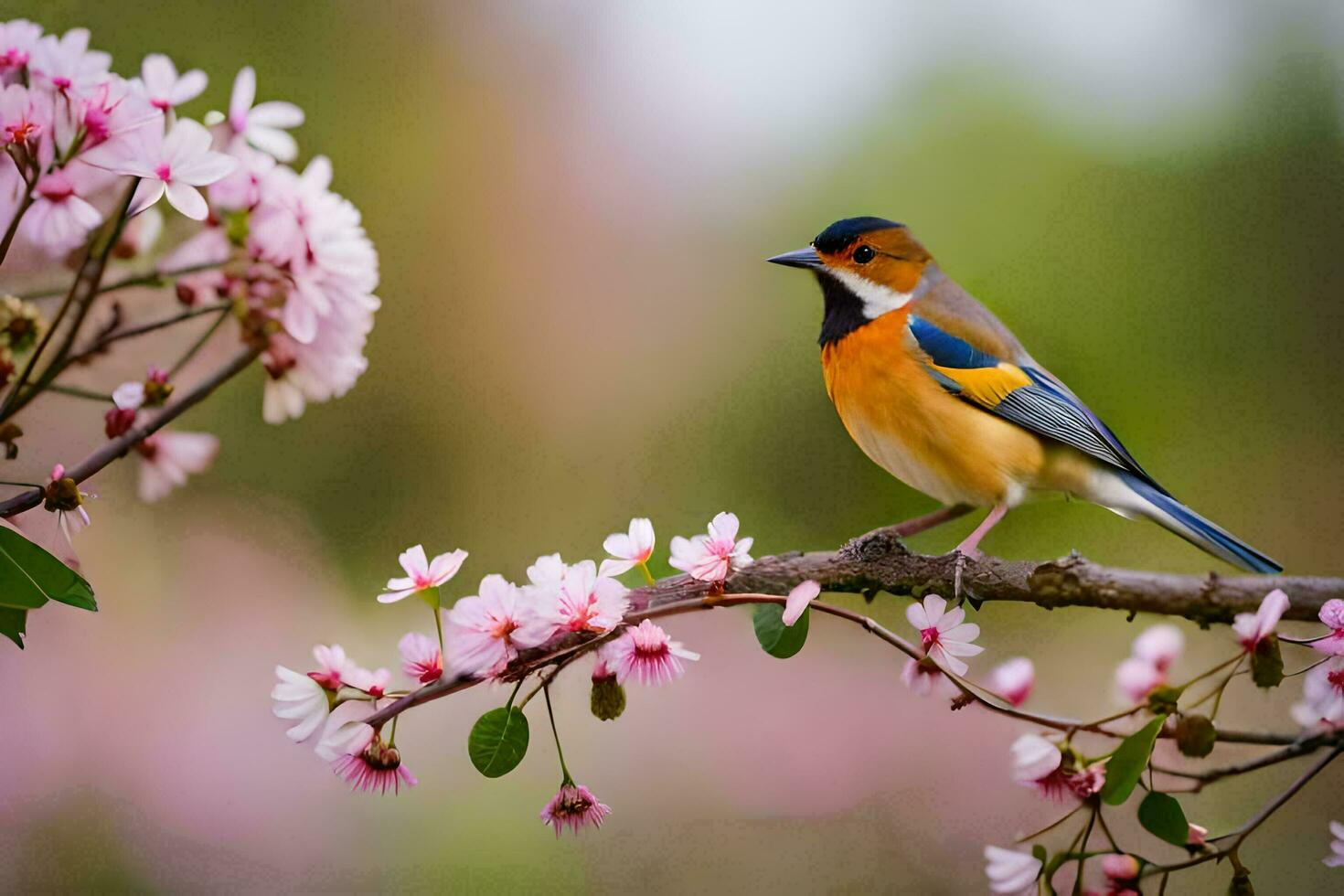 a bird sits on a branch with pink flowers. AI-Generated photo