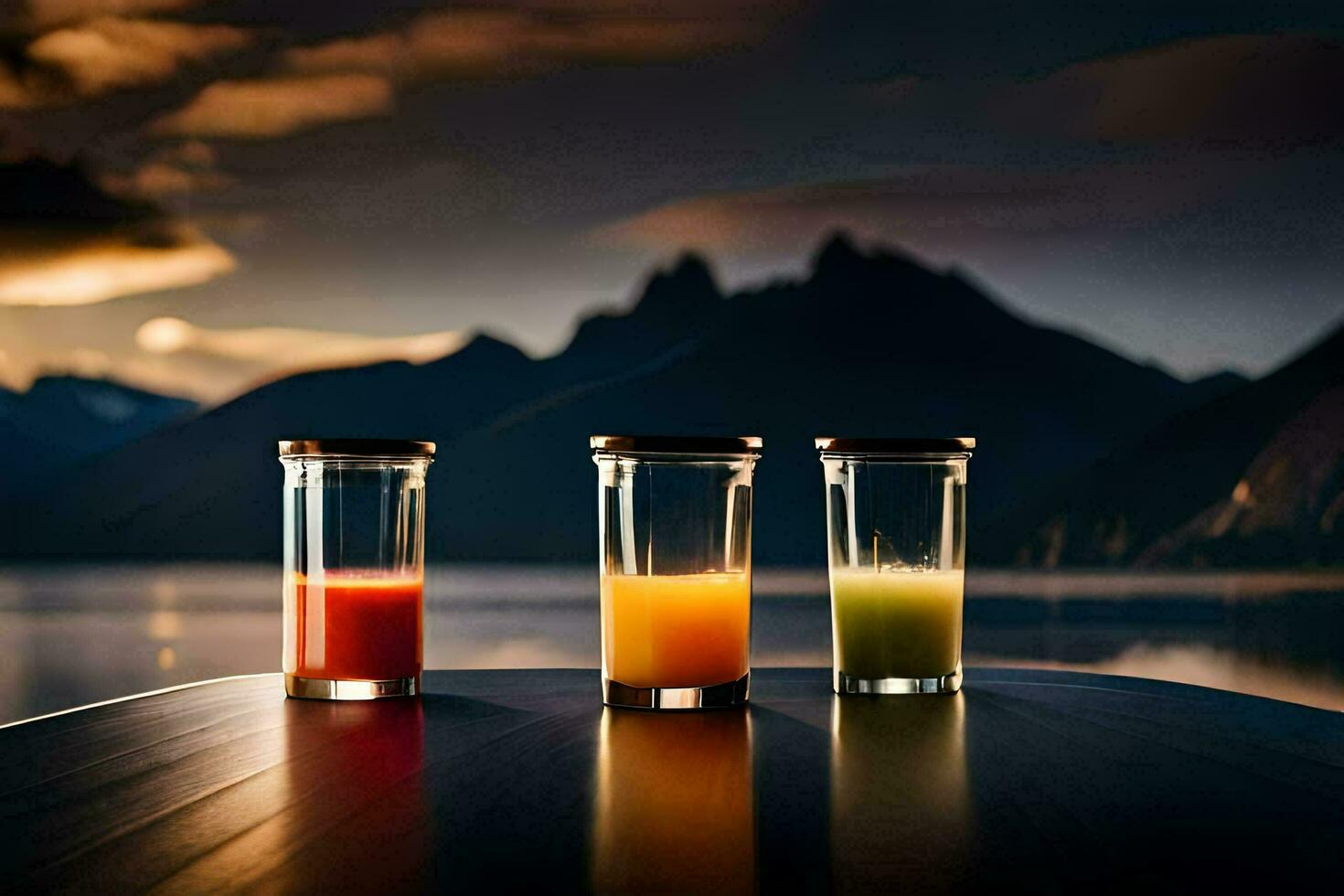three glasses of juice on a table in front of a lake. AI-Generated photo