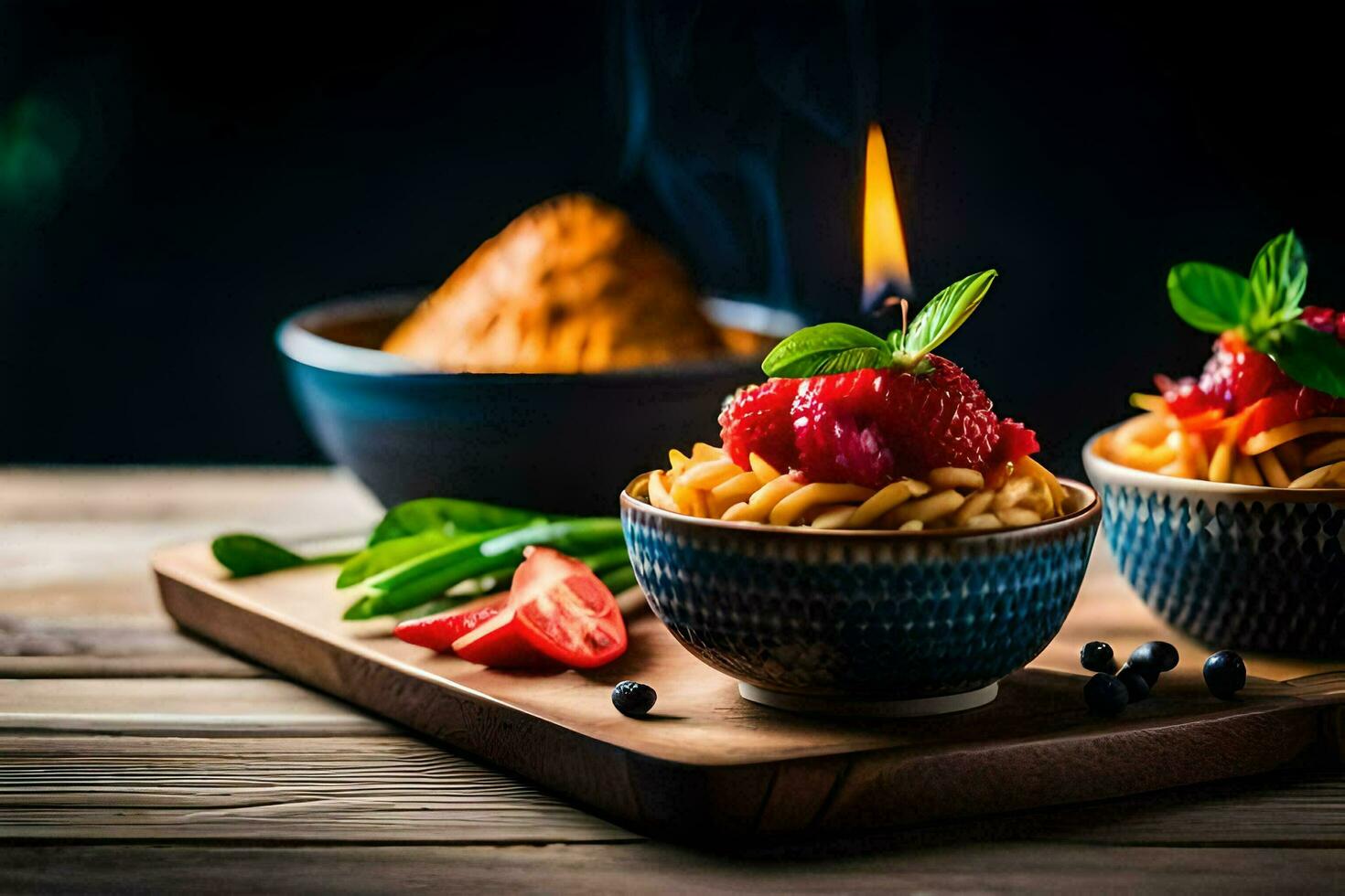 two bowls with strawberries and spices on a wooden table. AI-Generated photo