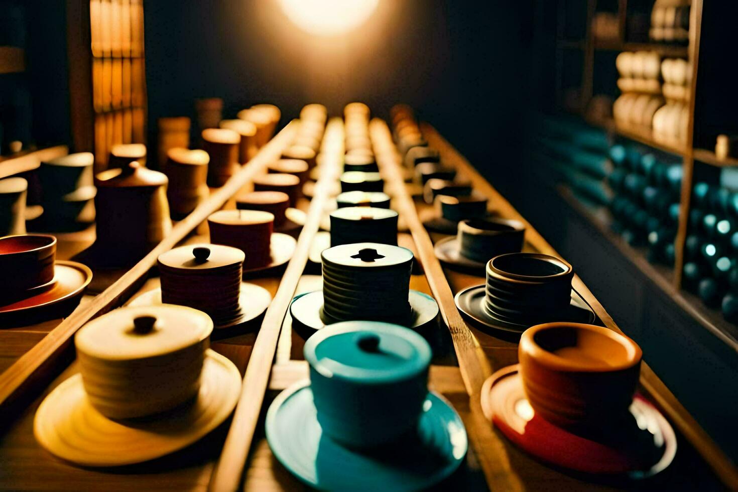 un fila de vistoso tazas y platillos en un mesa. generado por ai foto